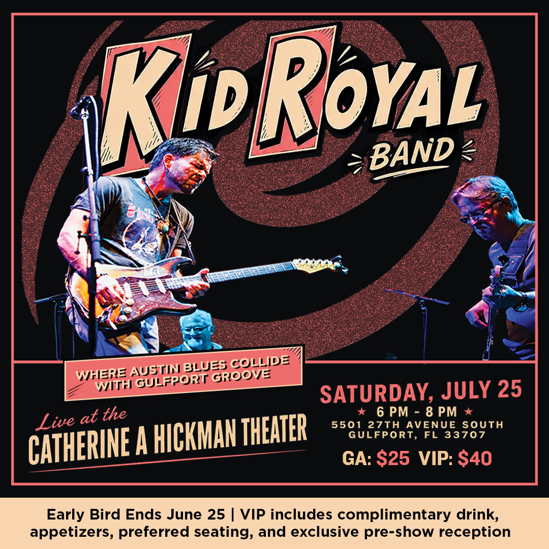 Kid Royal Band performing live at the Catherine A. Hickman Theater in Gulfport, Florida, benefiting the Gulfport Senior Foundation with an evening of Austin blues, Gulfport groove, and live music.