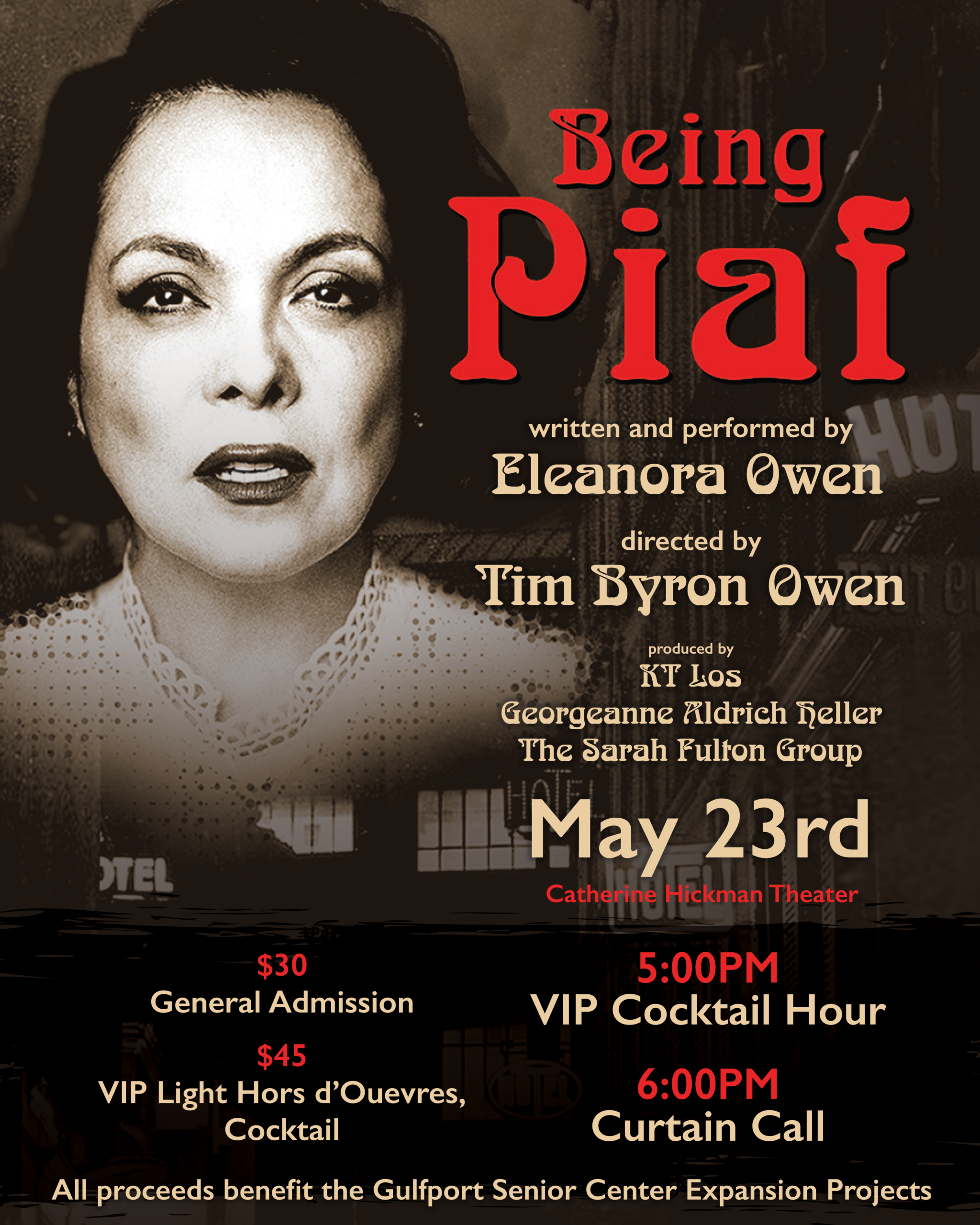 Step into the extraordinary life and timeless music of Édith Piaf as acclaimed performer Eleanora Owen delivers an intimate, heartfelt portrayal of France's legendary chanteuse. From beloved classics like La Vie en Rose to an unforgettable evening of storytelling, music, and emotion, Being Piaf is a captivating theatrical experience that also supports the Gulfport Senior Center Foundation and its mission to enrich the lives of local seniors.