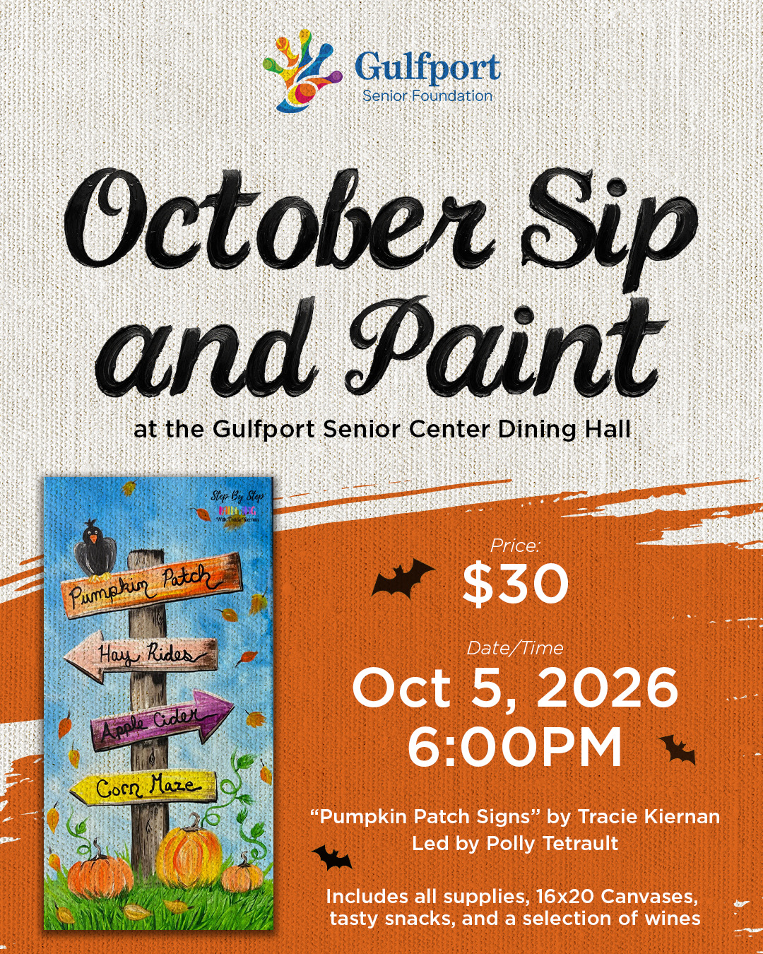 Get creative at **Sip, Chat & Paint: Pumpkin Patch Signs** at the Gulfport Senior Center! Join local artist Polly Tetrault for a fun evening of painting, wine, snacks, and community connection as you create your own 16x20 fall-inspired Pumpkin Patch sign. No painting experience is needed—just bring your creativity and enjoy a relaxed night out in Gulfport, Florida. Space is limited to 24 participants, so register early!