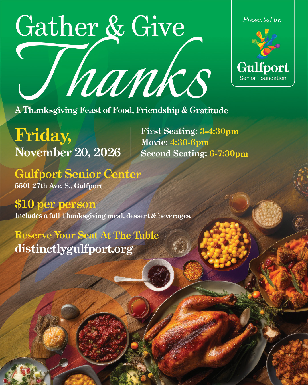 Join the Gulfport Senior Foundation for a Thanksgiving celebration at the Gulfport Senior Center! Gather with friends and neighbors for a full, warm Thanksgiving meal, including dessert and beverages, as we celebrate the season and the community we share.